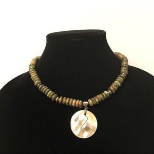 Unakite Rondelle Beaded Necklace w/Abalone Disc